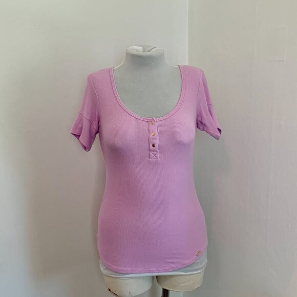 VTG 90s 2000 BEBE Lavender Ribbed Basic Short Sleeve Henley Top Button Purple S - Picture 5 of 12